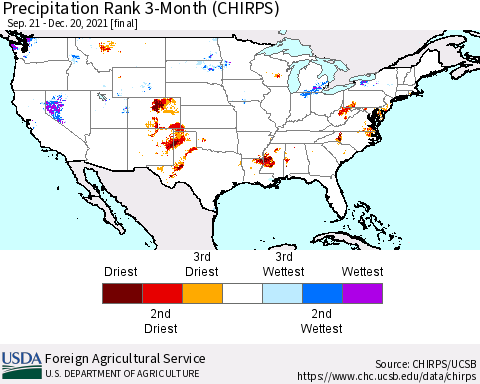 United States Precipitation Rank 3-Month (CHIRPS) Thematic Map For 9/21/2021 - 12/20/2021