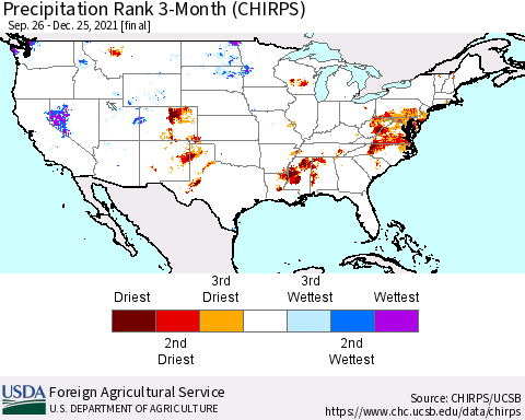 United States Precipitation Rank 3-Month (CHIRPS) Thematic Map For 9/26/2021 - 12/25/2021