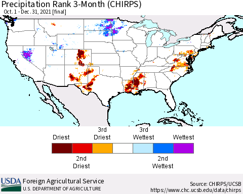United States Precipitation Rank since 1981, 3-Month (CHIRPS) Thematic Map For 10/1/2021 - 12/31/2021
