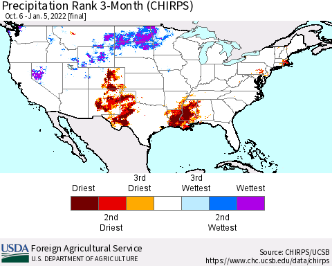 United States Precipitation Rank since 1981, 3-Month (CHIRPS) Thematic Map For 10/6/2021 - 1/5/2022