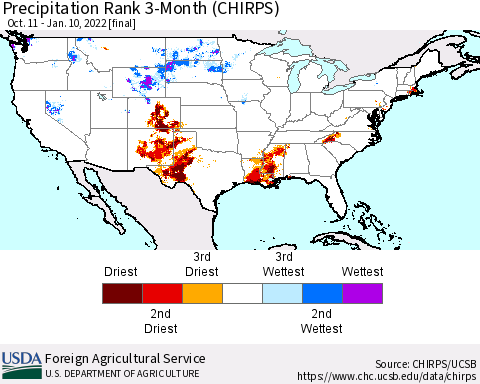 United States Precipitation Rank since 1981, 3-Month (CHIRPS) Thematic Map For 10/11/2021 - 1/10/2022