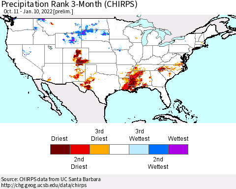 United States Precipitation Rank 3-Month (CHIRPS) Thematic Map For 10/11/2021 - 1/10/2022