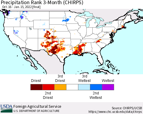 United States Precipitation Rank since 1981, 3-Month (CHIRPS) Thematic Map For 10/16/2021 - 1/15/2022