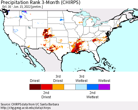 United States Precipitation Rank 3-Month (CHIRPS) Thematic Map For 10/16/2021 - 1/15/2022