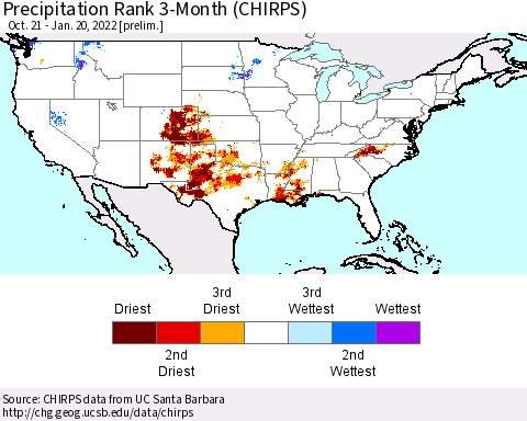 United States Precipitation Rank 3-Month (CHIRPS) Thematic Map For 10/21/2021 - 1/20/2022