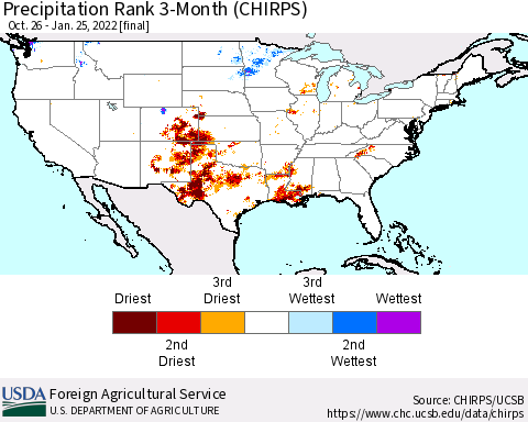 United States Precipitation Rank 3-Month (CHIRPS) Thematic Map For 10/26/2021 - 1/25/2022