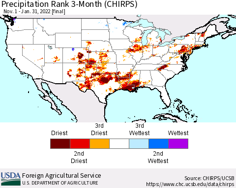 United States Precipitation Rank 3-Month (CHIRPS) Thematic Map For 11/1/2021 - 1/31/2022