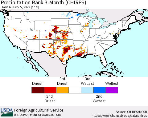 United States Precipitation Rank since 1981, 3-Month (CHIRPS) Thematic Map For 11/6/2021 - 2/5/2022