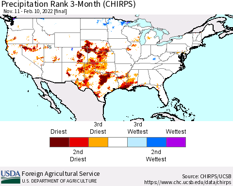 United States Precipitation Rank 3-Month (CHIRPS) Thematic Map For 11/11/2021 - 2/10/2022
