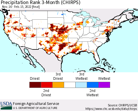 United States Precipitation Rank since 1981, 3-Month (CHIRPS) Thematic Map For 11/16/2021 - 2/15/2022