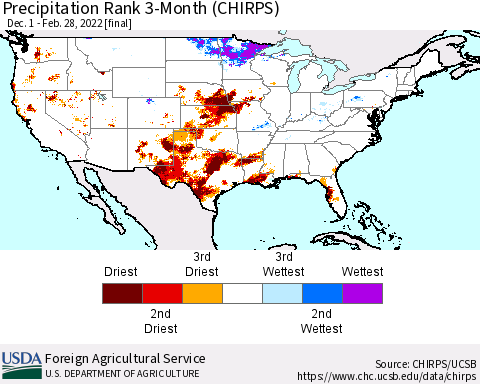 United States Precipitation Rank since 1981, 3-Month (CHIRPS) Thematic Map For 12/1/2021 - 2/28/2022