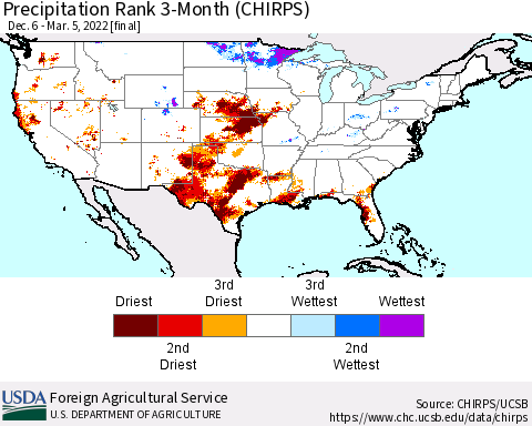 United States Precipitation Rank since 1981, 3-Month (CHIRPS) Thematic Map For 12/6/2021 - 3/5/2022