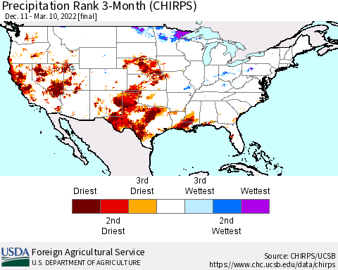 United States Precipitation Rank since 1981, 3-Month (CHIRPS) Thematic Map For 12/11/2021 - 3/10/2022