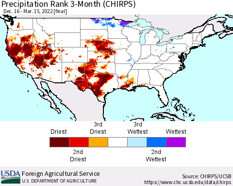 United States Precipitation Rank since 1981, 3-Month (CHIRPS) Thematic Map For 12/16/2021 - 3/15/2022
