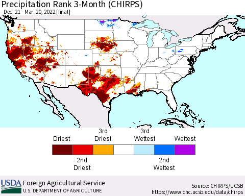 United States Precipitation Rank since 1981, 3-Month (CHIRPS) Thematic Map For 12/21/2021 - 3/20/2022