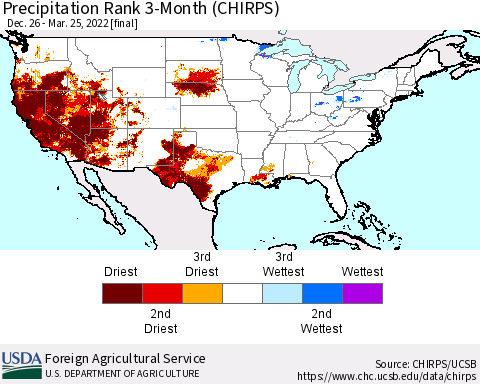 United States Precipitation Rank since 1981, 3-Month (CHIRPS) Thematic Map For 12/26/2021 - 3/25/2022