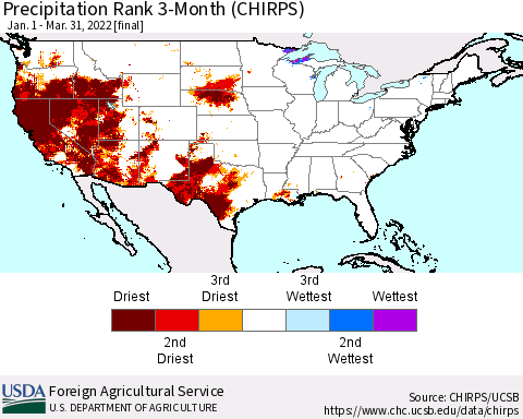 United States Precipitation Rank since 1981, 3-Month (CHIRPS) Thematic Map For 1/1/2022 - 3/31/2022