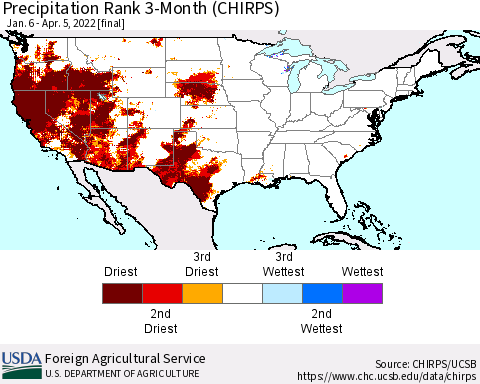 United States Precipitation Rank since 1981, 3-Month (CHIRPS) Thematic Map For 1/6/2022 - 4/5/2022