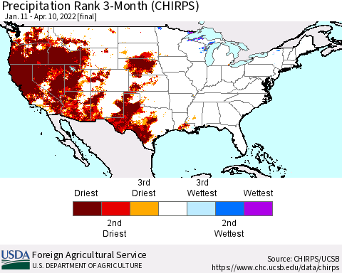 United States Precipitation Rank since 1981, 3-Month (CHIRPS) Thematic Map For 1/11/2022 - 4/10/2022