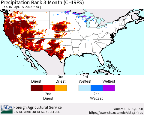 United States Precipitation Rank 3-Month (CHIRPS) Thematic Map For 1/16/2022 - 4/15/2022
