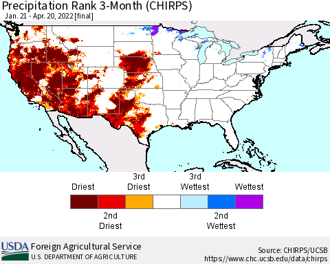 United States Precipitation Rank since 1981, 3-Month (CHIRPS) Thematic Map For 1/21/2022 - 4/20/2022