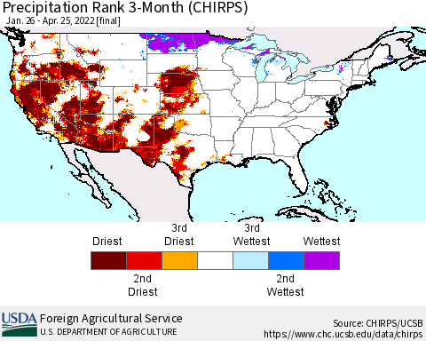 United States Precipitation Rank 3-Month (CHIRPS) Thematic Map For 1/26/2022 - 4/25/2022