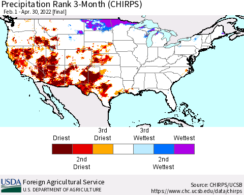 United States Precipitation Rank since 1981, 3-Month (CHIRPS) Thematic Map For 2/1/2022 - 4/30/2022