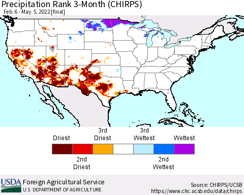 United States Precipitation Rank since 1981, 3-Month (CHIRPS) Thematic Map For 2/6/2022 - 5/5/2022