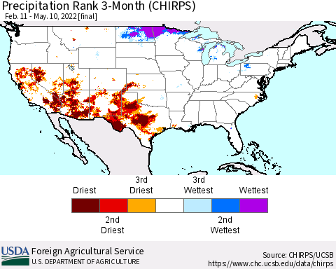 United States Precipitation Rank since 1981, 3-Month (CHIRPS) Thematic Map For 2/11/2022 - 5/10/2022