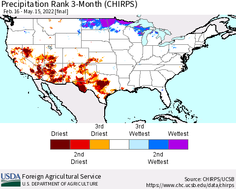 United States Precipitation Rank since 1981, 3-Month (CHIRPS) Thematic Map For 2/16/2022 - 5/15/2022