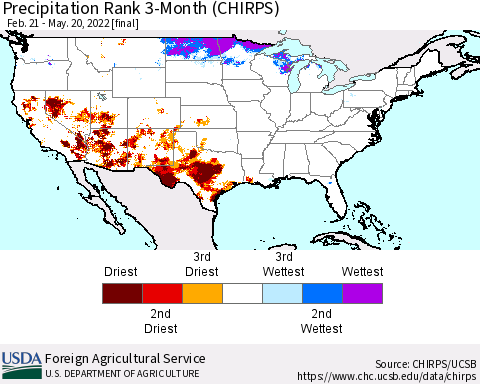United States Precipitation Rank 3-Month (CHIRPS) Thematic Map For 2/21/2022 - 5/20/2022