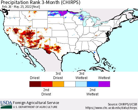 United States Precipitation Rank since 1981, 3-Month (CHIRPS) Thematic Map For 2/26/2022 - 5/25/2022