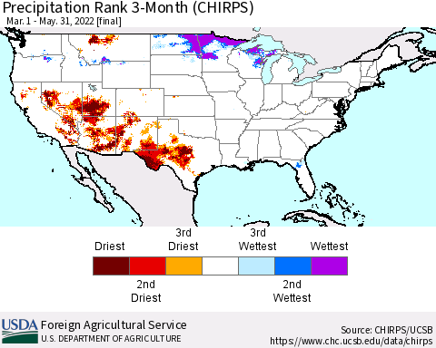 United States Precipitation Rank 3-Month (CHIRPS) Thematic Map For 3/1/2022 - 5/31/2022