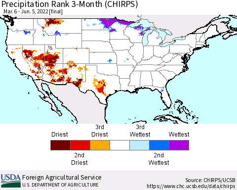 United States Precipitation Rank since 1981, 3-Month (CHIRPS) Thematic Map For 3/6/2022 - 6/5/2022