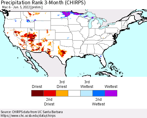 United States Precipitation Rank 3-Month (CHIRPS) Thematic Map For 3/6/2022 - 6/5/2022