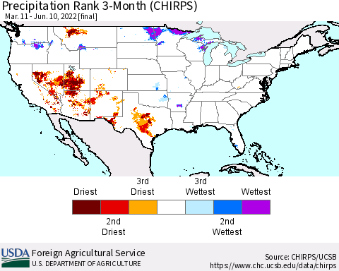 United States Precipitation Rank since 1981, 3-Month (CHIRPS) Thematic Map For 3/11/2022 - 6/10/2022
