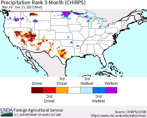 United States Precipitation Rank since 1981, 3-Month (CHIRPS) Thematic Map For 3/16/2022 - 6/15/2022