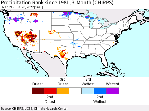 United States Precipitation Rank since 1981, 3-Month (CHIRPS) Thematic Map For 3/21/2022 - 6/20/2022