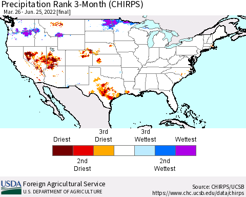 United States Precipitation Rank 3-Month (CHIRPS) Thematic Map For 3/26/2022 - 6/25/2022