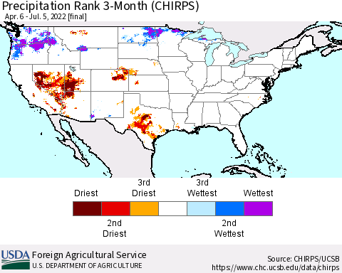 United States Precipitation Rank 3-Month (CHIRPS) Thematic Map For 4/6/2022 - 7/5/2022
