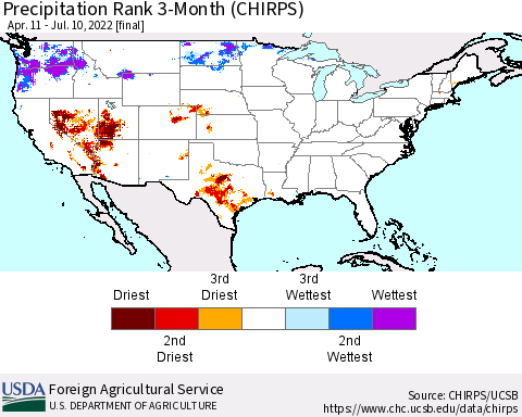 United States Precipitation Rank since 1981, 3-Month (CHIRPS) Thematic Map For 4/11/2022 - 7/10/2022