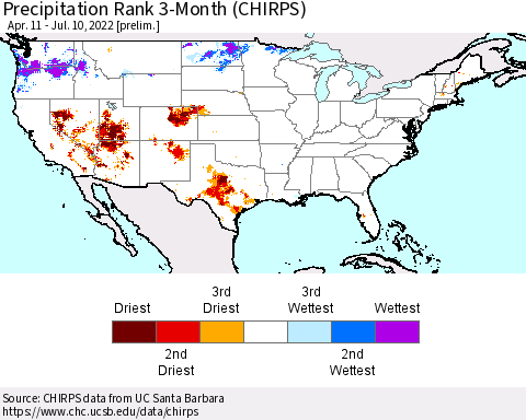 United States Precipitation Rank 3-Month (CHIRPS) Thematic Map For 4/11/2022 - 7/10/2022