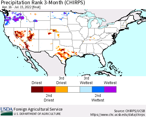 United States Precipitation Rank since 1981, 3-Month (CHIRPS) Thematic Map For 4/16/2022 - 7/15/2022