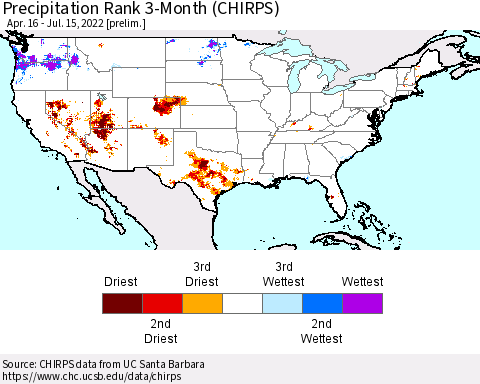 United States Precipitation Rank 3-Month (CHIRPS) Thematic Map For 4/16/2022 - 7/15/2022