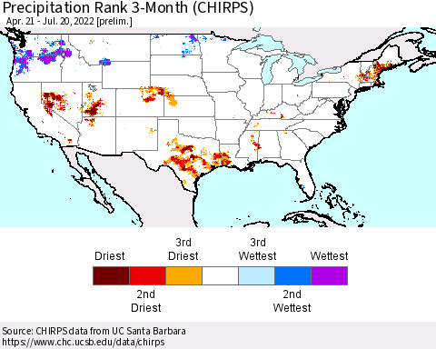 United States Precipitation Rank 3-Month (CHIRPS) Thematic Map For 4/21/2022 - 7/20/2022
