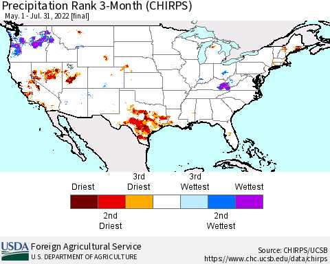 United States Precipitation Rank 3-Month (CHIRPS) Thematic Map For 5/1/2022 - 7/31/2022