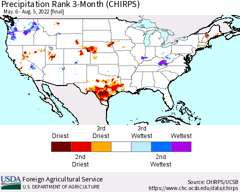 United States Precipitation Rank 3-Month (CHIRPS) Thematic Map For 5/6/2022 - 8/5/2022