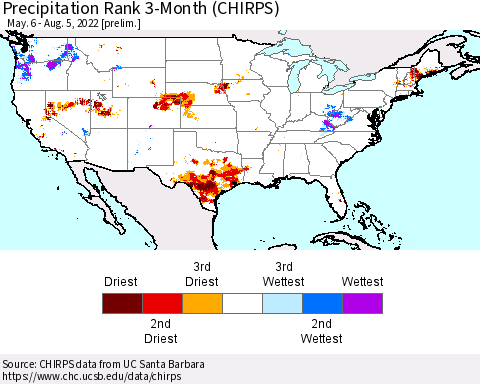 United States Precipitation Rank 3-Month (CHIRPS) Thematic Map For 5/6/2022 - 8/5/2022