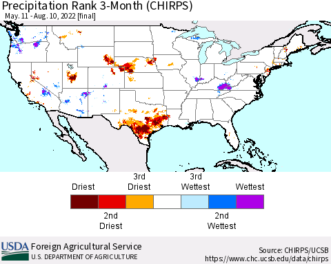 United States Precipitation Rank since 1981, 3-Month (CHIRPS) Thematic Map For 5/11/2022 - 8/10/2022