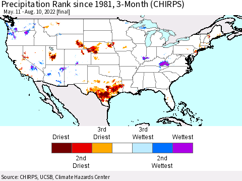 United States Precipitation Rank since 1981, 3-Month (CHIRPS) Thematic Map For 5/11/2022 - 8/10/2022